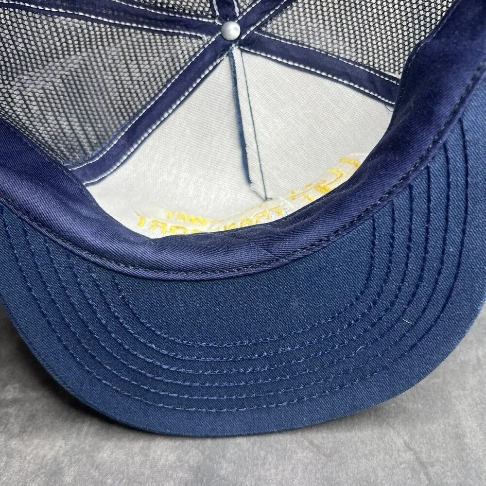 Vintage Trucker Hat 90s Mesh Back Snapback Navy Blue Yellow Transportation